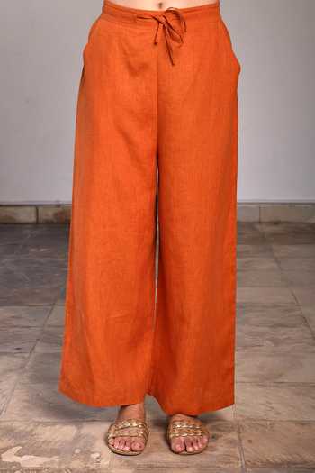 Buy_Linen Bloom_Orange Pure Linen Pant _Online_at_Aza_Fashions