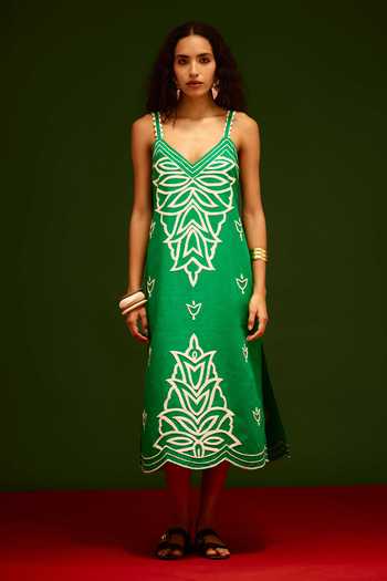 Indian Summer Story_Green Cotton, Poplin Embroidery V-neck Flame Thread Dress _Online_at_Aza_Fashions