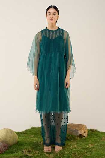 Ilk_Green Silk Organza Smocking Round Neck Forest Veil Sheer Tunic _Online_at_Aza_Fashions