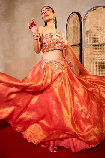 Buy_Tarini Vij_Orange Organza, Tissue Sequins, Rehmat Gardenia Embroidered Blouse With Lehenga _Online_at_Aza_Fashions