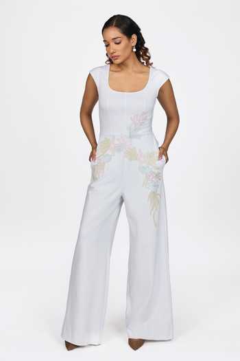 Shop Dev And Viv White Rayon Embroidery Square Neck Floral Patterm Jumpsuit Online at Aza Fashions Shop_Dev And Viv_White Rayon Embroidery Square Neck Floral Patterm Jumpsuit _Online_at_Aza_Fashions