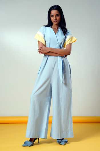Buy_MADDER MUCH_Blue Cotton V-neck Ice Handloom Jumpsuit And Belt 