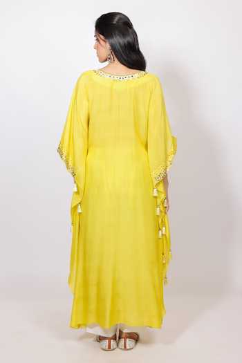 Brahmand By Vertika Kalra_Yellow Muslin Sequins, Beads V-neck Embroidered Kaftan And Pant Set _Online_at_Aza_Fashions