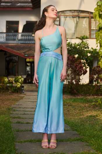 Verano By Tanya_Blue Satin, Crepe Beads Asymmetric Azzura Cutout Jumpsuit _at_Aza_Fashions