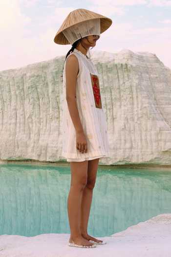 Shop_Ahmev_Ivory Cotton, Chanderi Beads, Tassels Boat , Scoop Solara Printed Tunic _Online_at_Aza_Fashions