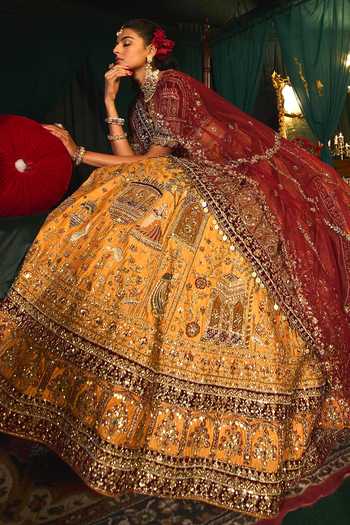 Buy_Roqa_Yellow Velvet, Tissue, Silk Nafidah Zardozi Embroidered Bridal Lehenga Set _Online_at_Aza_Fashions