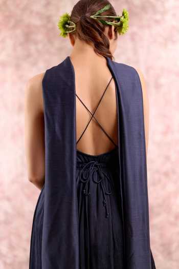 Doodlage_Navy Bemberg, Silk Square Neck Muga Strappy Tunic _Online_at_Aza_Fashions