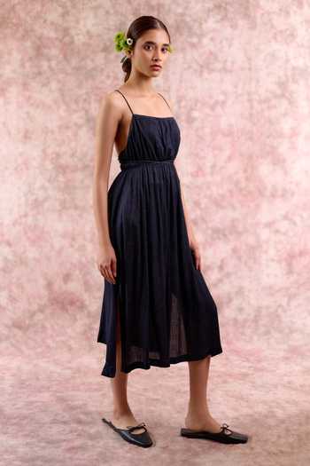 Doodlage_Navy Bemberg, Silk Square Neck Muga Strappy Tunic _at_Aza_Fashions