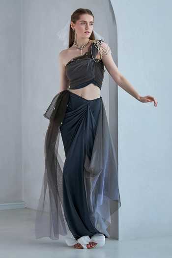 Shop_Naina Seth_Green Tulle Pearls One Shoulder Embellished Top With Skirt _Online_at_Aza_Fashions