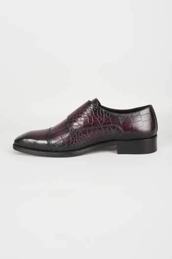 Salil Bhatia_Wine Embossed Leather Monk Strap Shoes _Online_at_Aza_Fashions