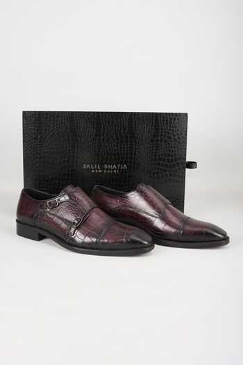 Buy_Salil Bhatia_Wine Embossed Leather Monk Strap Shoes _Online_at_Aza_Fashions