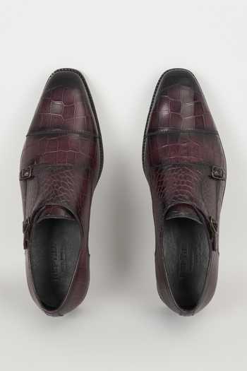 Salil Bhatia Wine Embossed Leather Monk Strap Shoes 