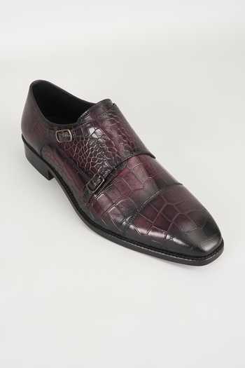 Salil Bhatia Wine Embossed Leather Monk Strap Shoes 