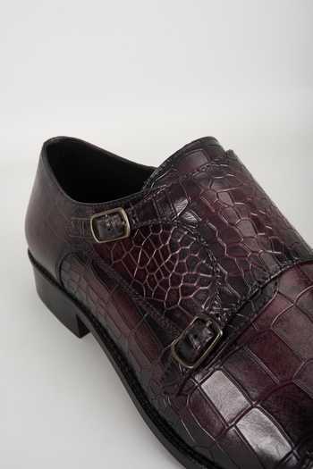 Shop_Salil Bhatia_Wine Embossed Leather Monk Strap Shoes _Online_at_Aza_Fashions