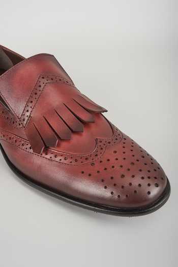 Shop_Salil Bhatia_Burgundy Fringe Leather Brogue Wingtip Kiltie Shoes _Online_at_Aza_Fashions