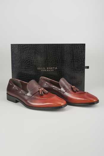 Buy_SALIL BHATIA_Orange Ombre Leather Hand Patina Tassel Loafers _Online_at_Aza_Fashions