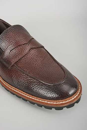 Shop_SALIL BHATIA_Brown Chocolate Pebbled Leather Loafers _Online_at_Aza_Fashions
