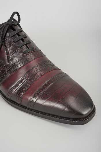 Shop_SALIL BHATIA_Burgundy Croc Embossed Brogue Oxford Shoes _Online_at_Aza_Fashions