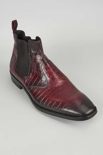 SALIL BHATIA Burgundy Croc Embossed Leather Chelsea Boots 