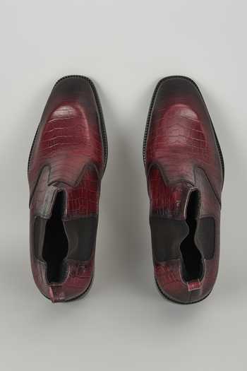 SALIL BHATIA Burgundy Croc Embossed Leather Chelsea Boots 