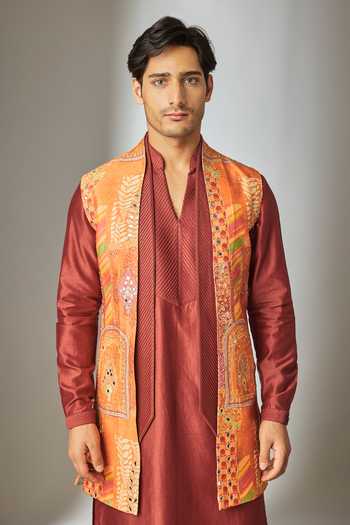 SALIL BHATIA Orange Silk, Chanderi Printed Nehru Jacket And Kurta Set Online at Aza Fashions SALIL BHATIA_Orange Silk, Chanderi Printed Nehru Jacket And Kurta Set _Online_at_Aza_Fashions
