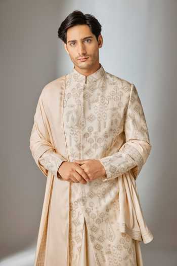 SALIL BHATIA_Ivory Silk Zari Embellished Sherwani Set _Online_at_Aza_Fashions