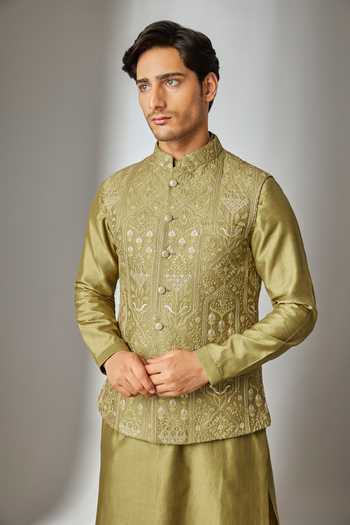 Buy_Salil Bhatia_Green Silk, Chanderi Nehru Jacket Set _Online_at_Aza_Fashions
