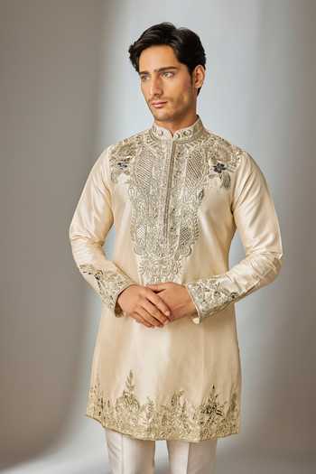 Buy_Salil Bhatia_Beige Silk Zari Embroidered Kurta Set _Online_at_Aza_Fashions