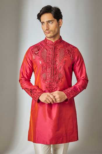 Buy SALIL BHATIA Red Silk Thread Embroidered Kurta Set Online at Aza Fashions Buy_SALIL BHATIA_Red Silk Thread Embroidered Kurta Set _Online_at_Aza_Fashions