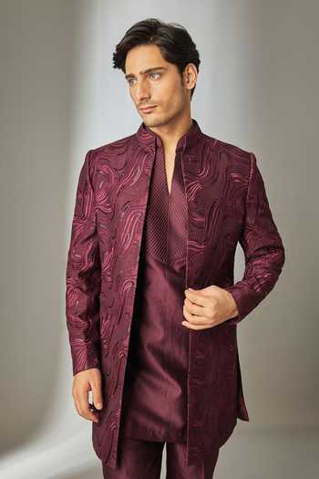 Buy Salil Bhatia Wine Silk, Chanderi Embroidery, Sequins Thread Embellished Bandhgala Set Online at Aza Fashions Buy_Salil Bhatia_Wine Silk, Chanderi Embroidery, Sequins Thread Embellished Bandhgala Set _Online_at_Aza_Fashions