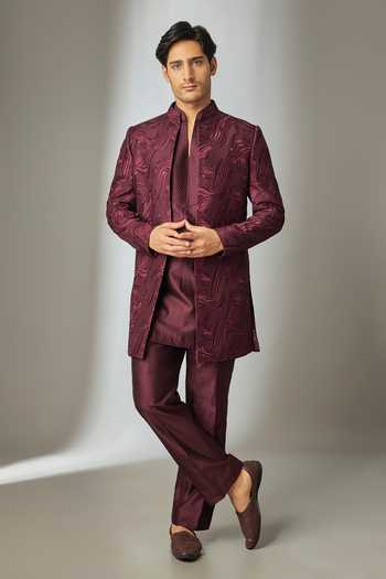 SALIL BHATIA Wine Thread Embellished Bandhgala Set 