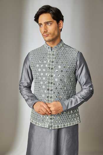 Buy_Salil Bhatia_Grey Silk, Chanderi Raw Hand Embroidered Nehru Jacket Set _Online_at_Aza_Fashions