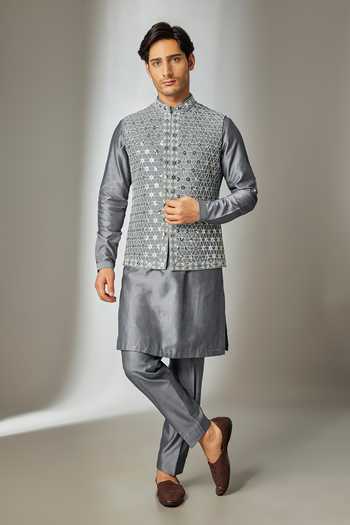Salil Bhatia Raw Silk Hand Embroidered Nehru Jacket Set