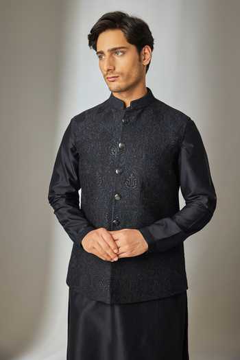 Buy_SALIL BHATIA_Blue Silk, Chanderi Zari Embellished Nehru Jacket Set _Online_at_Aza_Fashions