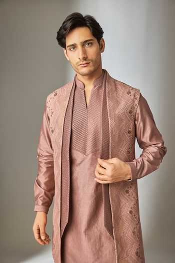 Buy SALIL BHATIA Pink Georgette, Chanderi Thread Embellished Jacket And Kurta Set Online at Aza Fashions Buy_SALIL BHATIA_Pink Georgette, Chanderi Thread Embellished Jacket And Kurta Set _Online_at_Aza_Fashions