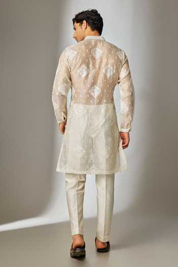 SALIL BHATIA Ivory Chanderi Threadwork Sheer Kurta Set