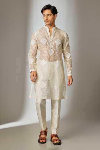 SALIL BHATIA Ivory Chanderi Threadwork Sheer Kurta Set