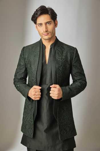SALIL BHATIA Green Silk, Chanderi Thread Work Jacket And Kurta Set Online at Aza Fashions SALIL BHATIA_Green Silk, Chanderi Thread Work Jacket And Kurta Set _Online_at_Aza_Fashions