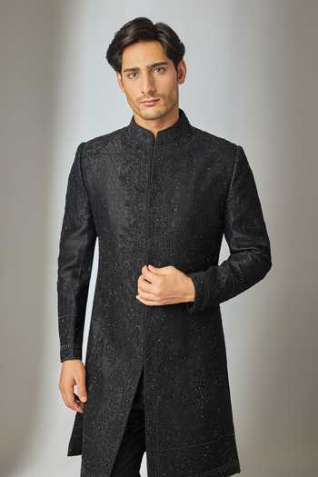 Buy_Salil Bhatia_Black Silk Raw Hand Embroidered Sherwani Set _Online_at_Aza_Fashions