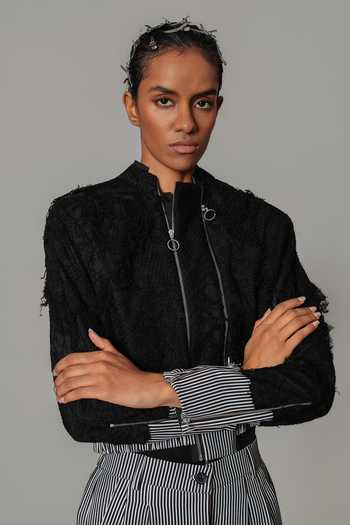 Buy_Anurag Gupta_Black Crepe Stripe Pattern Bomber Jacket 
