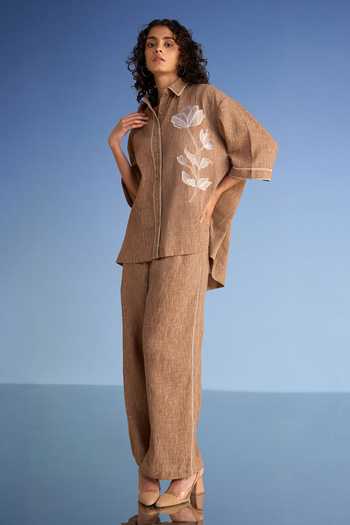 Dash And Dot Brown Cotton, Polyester Collared Neck Floral Applique Linen Textured Shirt Online at Aza Fashions Dash And Dot_Brown Cotton, Polyester Collared Neck Floral Applique Linen Textured Shirt _Online_at_Aza_Fashions