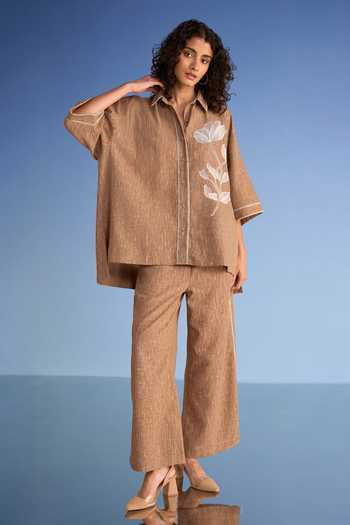 Buy Dash And Dot Brown Cotton, Polyester Collared Neck Floral Applique Linen Textured Shirt Online at Aza Fashions Buy_Dash And Dot_Brown Cotton, Polyester Collared Neck Floral Applique Linen Textured Shirt _Online_at_Aza_Fashions