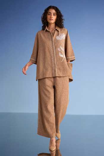 Shop Dash And Dot Brown Cotton, Polyester Collared Neck Floral Applique Linen Textured Shirt Online at Aza Fashions Shop_Dash And Dot_Brown Cotton, Polyester Collared Neck Floral Applique Linen Textured Shirt _Online_at_Aza_Fashions