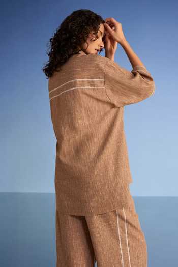 Buy Dash And Dot Brown Cotton, Polyester Collared Neck Floral Applique Linen Textured Shirt Buy_Dash And Dot_Brown Cotton, Polyester Collared Neck Floral Applique Linen Textured Shirt