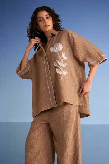 Dash And Dot Floral Applique Linen Textured Shirt 