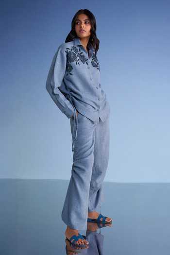 Dash And Dot Beaded Linen Textured Shirt 
