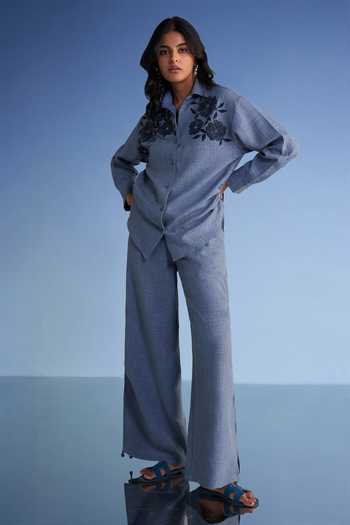 Dash And Dot_Blue Cotton, Polyester Button-down Neck Beaded Linen Textured Shirt _Online_at_Aza_Fashions