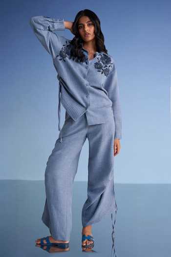Dash And Dot_Blue Cotton, Polyester Button-down Neck Beaded Linen Textured Shirt _at_Aza_Fashions