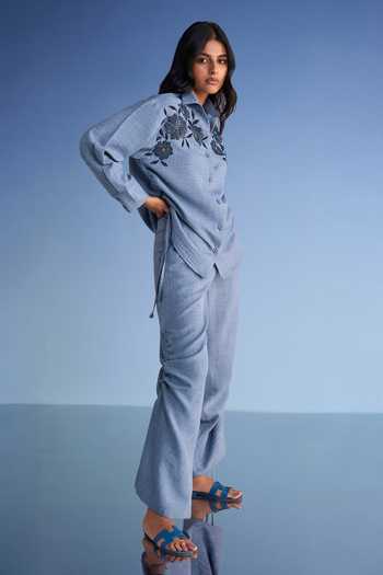 Dash And Dot_Blue Cotton, Polyester Collared Neck Beaded Linen Shirt And Wide Leg Pant Set _Online_at_Aza_Fashions