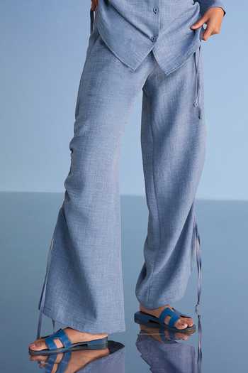 Shop_Dash And Dot_Blue Cotton, Polyester Collared Neck Beaded Linen Shirt And Wide Leg Pant Set _Online_at_Aza_Fashions